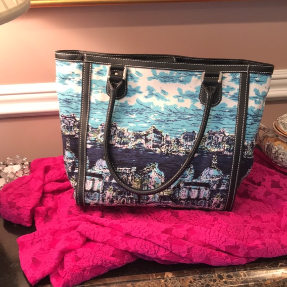 Talbots tote leather trim navy Scene print w/aqua - Picture 5 of 8